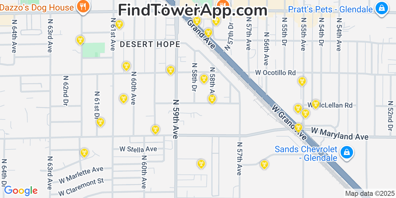 Map showing the 20 primary AT&T cell tower locations detected in Glendale, Arizona with coverage radius and signal strength indicators