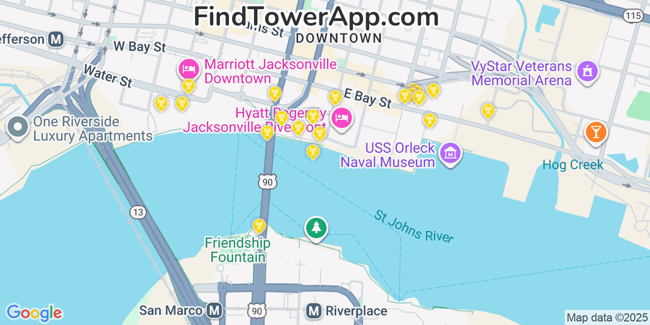 Map showing the 20 primary T-Mobile cell tower locations detected in Jacksonville, Florida with coverage radius and signal strength indicators