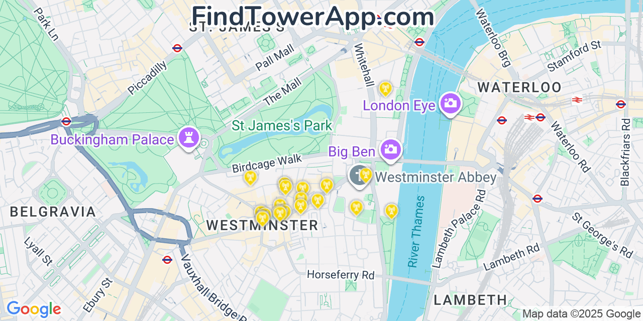 Map showing the 20 primary cell tower locations detected in London, United Kingdom with coverage areas and signal strength