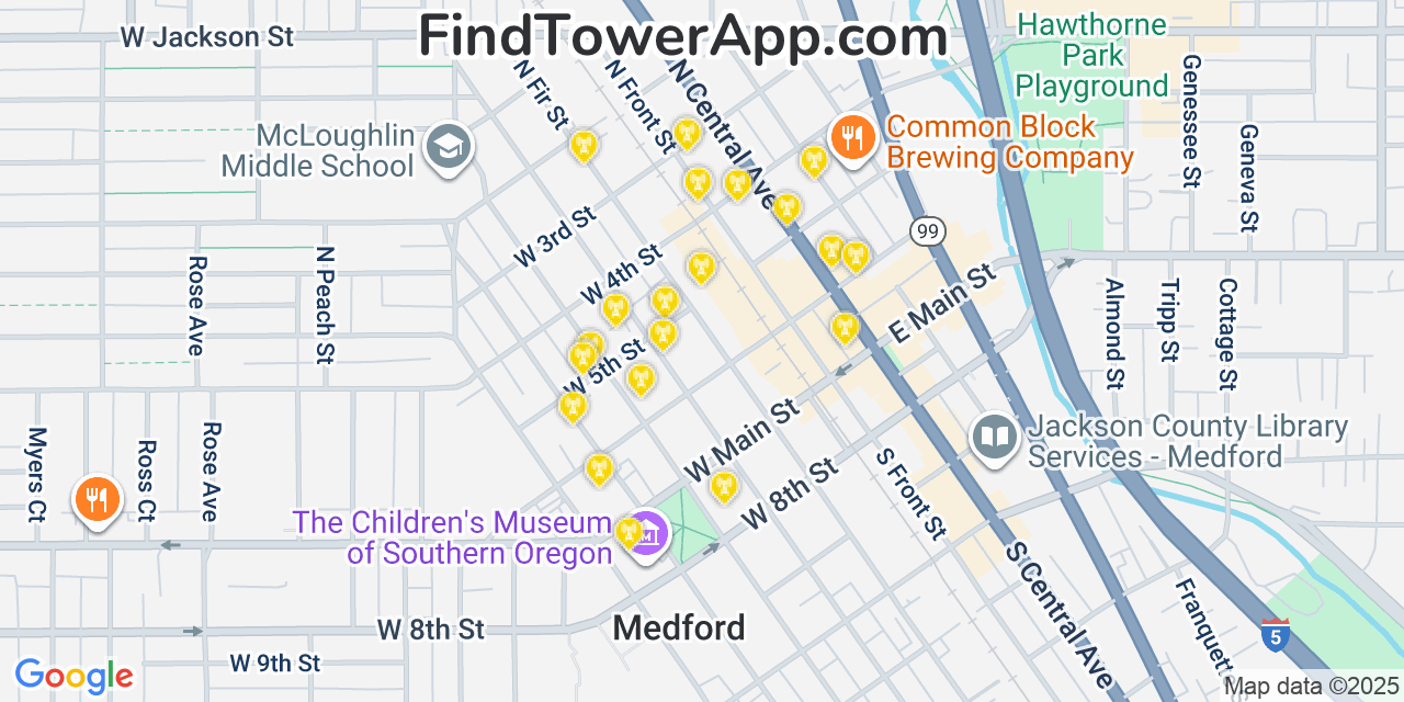 Map showing the 20 primary AT&T cell tower locations detected in Medford, Oregon with coverage radius and signal strength indicators