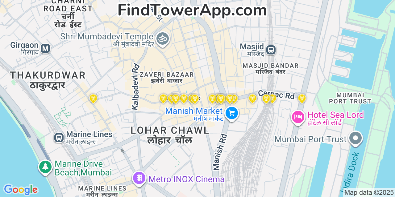Map showing the 20 primary cell tower locations detected in Mumbai, India with coverage areas and signal strength