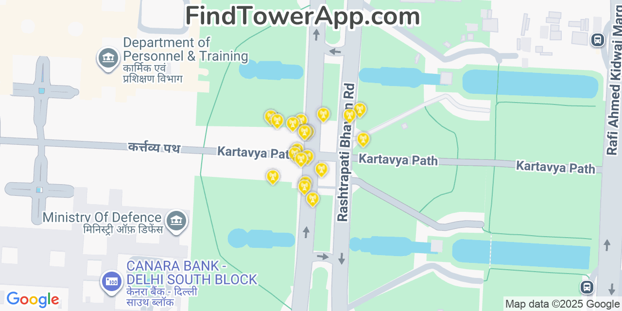 Map showing the 20 primary cell tower locations detected in New Delhi, India with coverage areas and signal strength