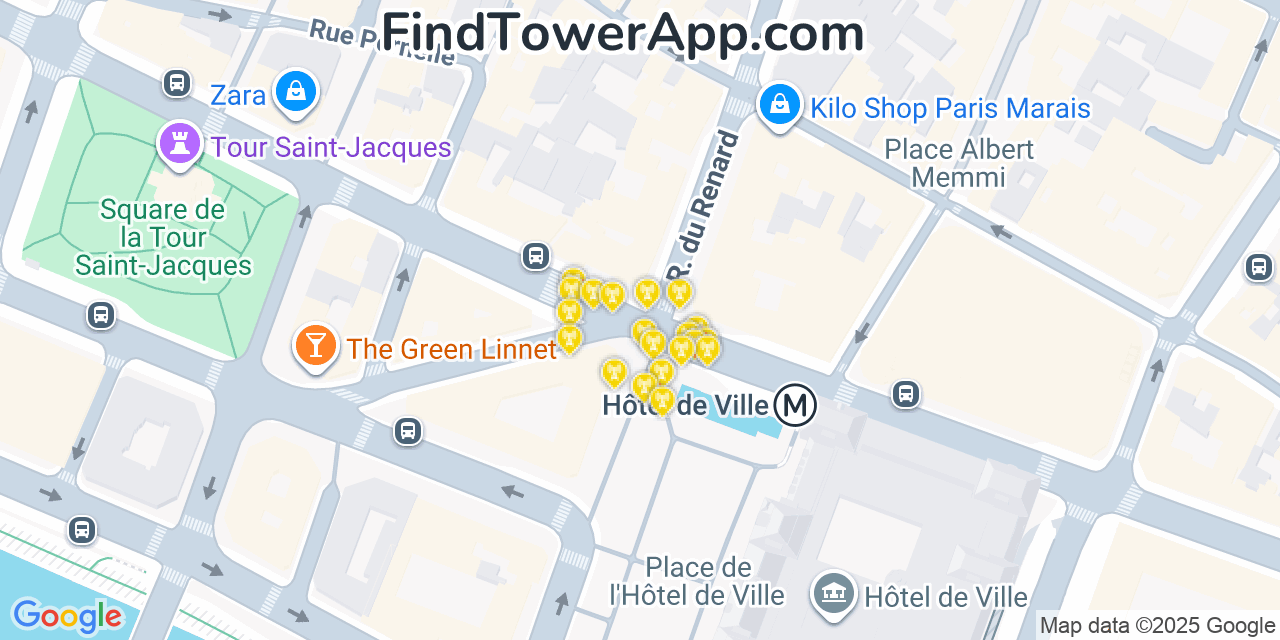 Map showing the 20 primary cell tower locations detected in Paris, France with coverage areas and signal strength