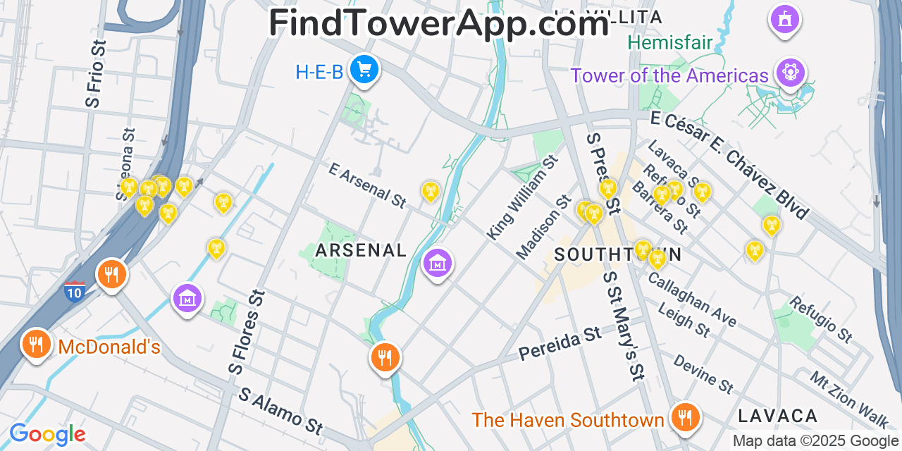 Map showing the 20 primary AT&T cell tower locations detected in San Antonio, Texas with coverage radius and signal strength indicators